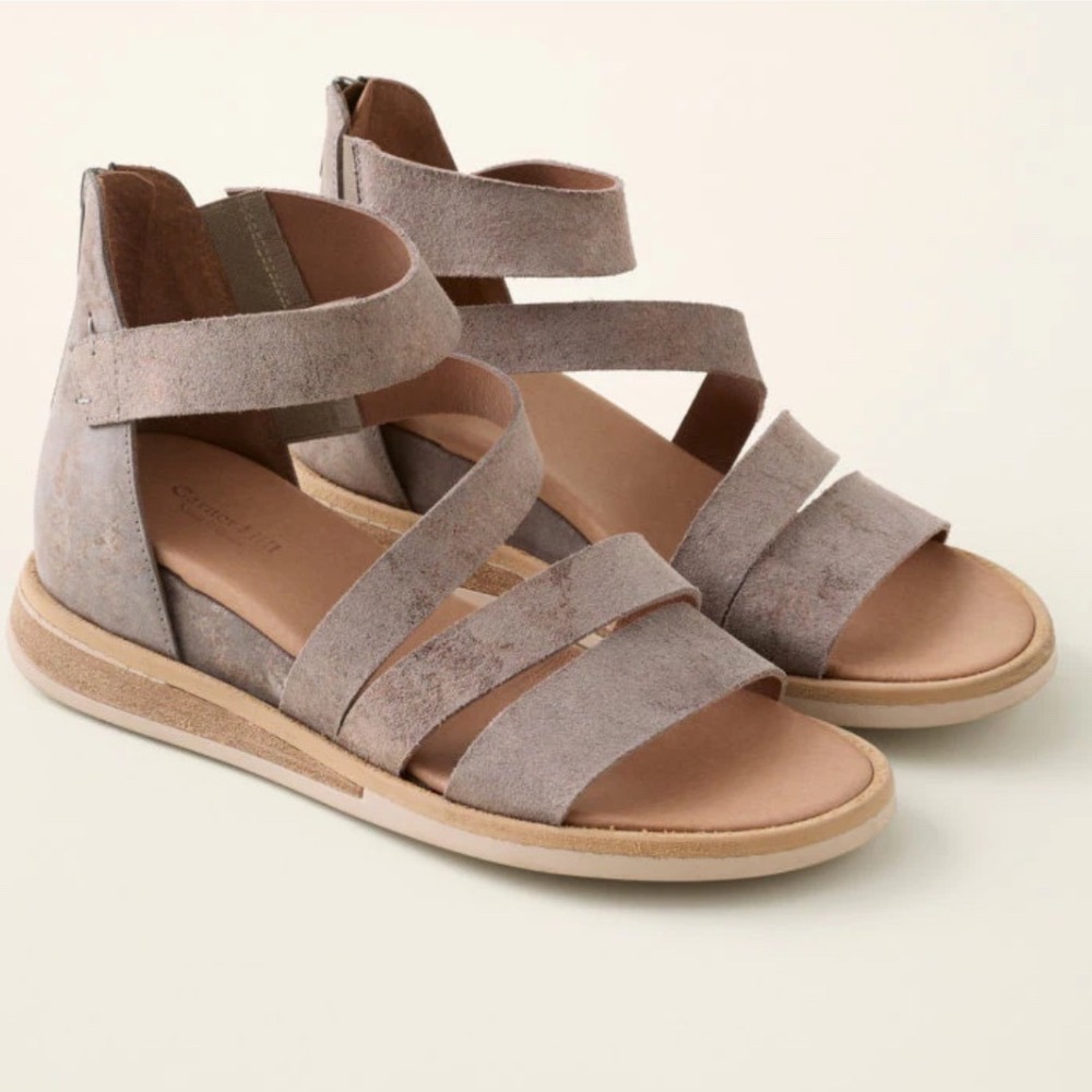 Garnet Hill Luna Sport Metallic Distressed Leather Gladiator Sandals Grey Spain